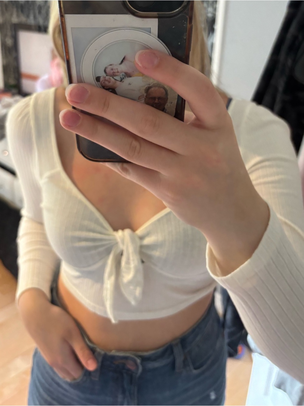 SHEIN Cream Ribbed Tie-Front Long Sleeve Crop Top